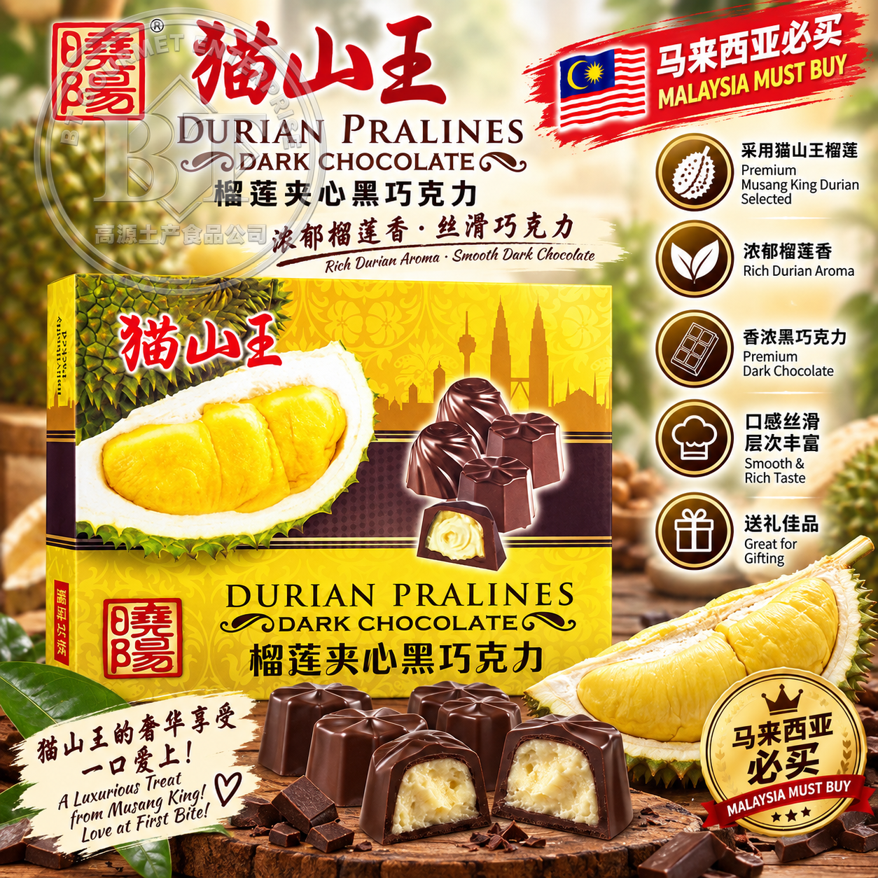 Sunshine Kingdom Durian Pralines Dark Chocolate 150g